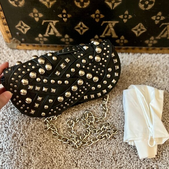Black Leather Silver Studded Clutch, Crossbody Strap - Picture 4 of 4